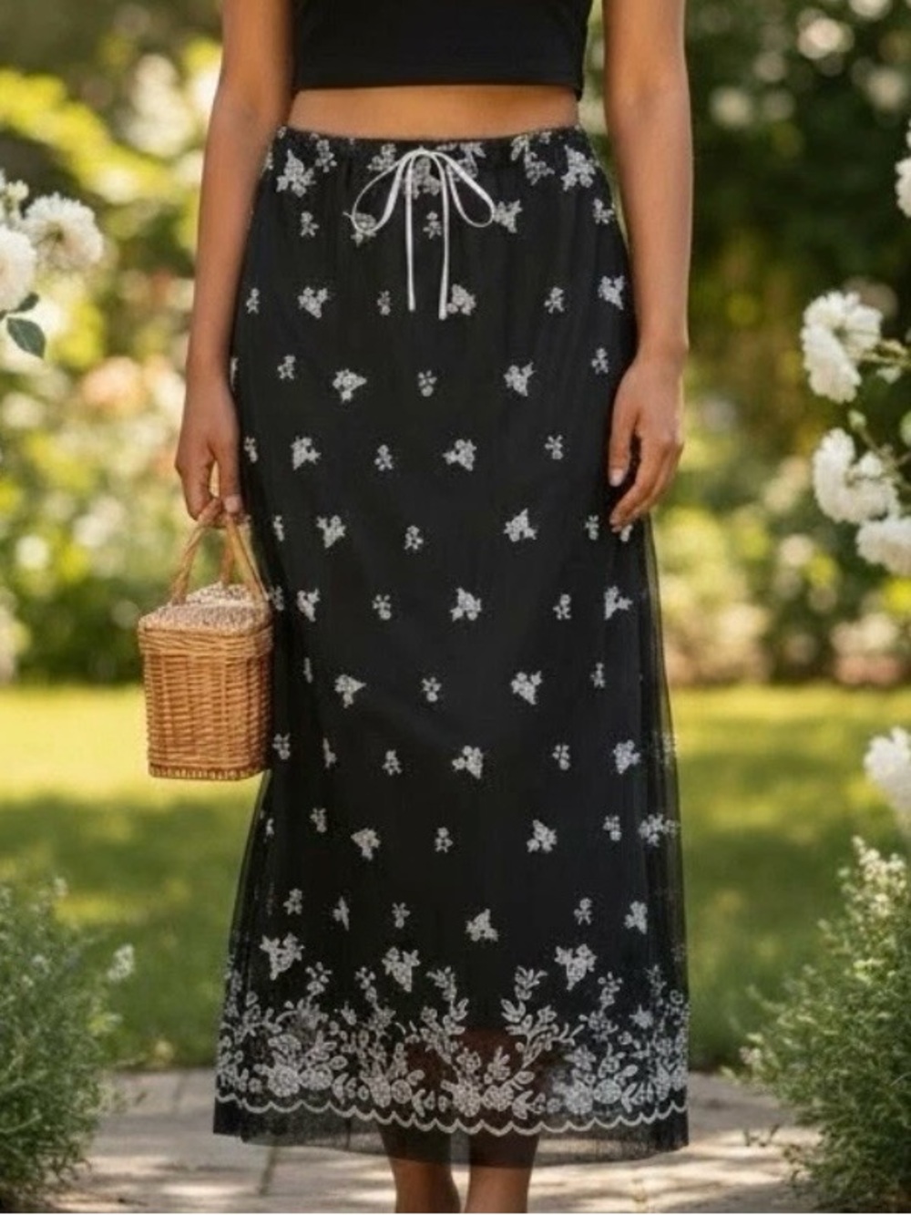 NWT Forever 21 Black Embroidered Mesh Midi Skirt Floral Lace Overlay